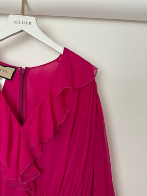 Gucci Fuchsia Silk Long Sleeve Midi Dress with V-Neck and Frill Detail Size IT 46 (UK 14)