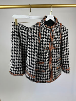 Chanel Black and White Houndstooth Tweed Jacket and Skirt Set with Orange Trim Details Size FR 42 (UK 14)