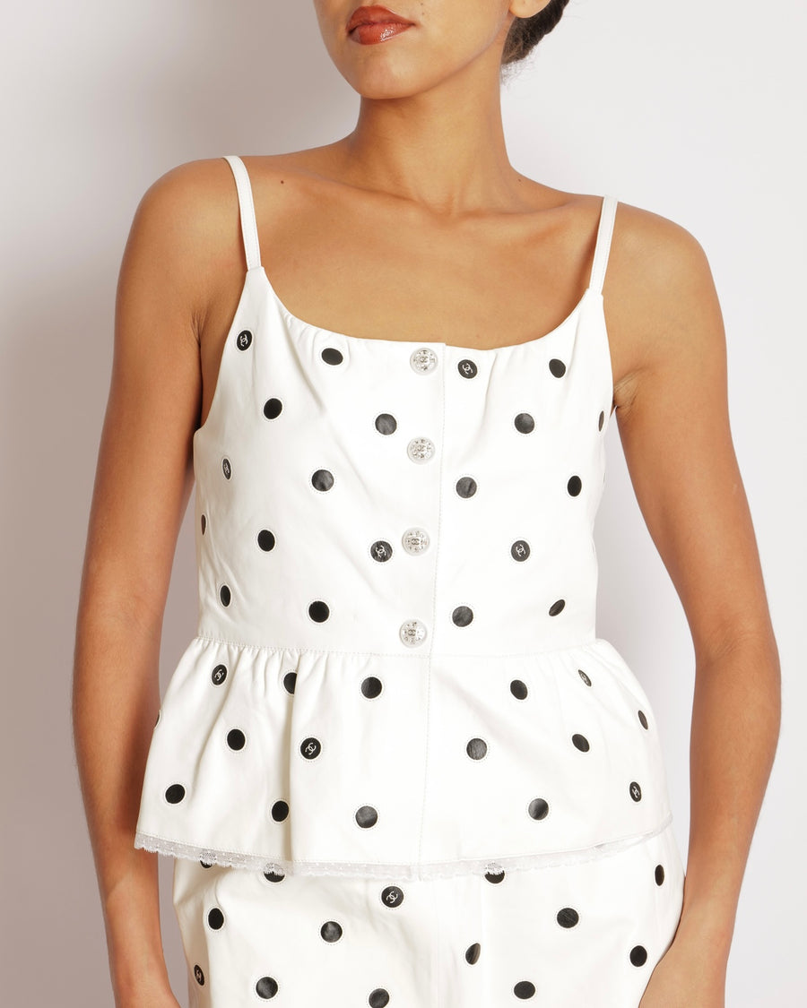 Chanel 23S White and Black Lambskin Leather Polka Dot Sleeveless Top with Lace Trims and Crystal Embellished Pearl CC Logo Buttons Size FR 34 (UK 6)