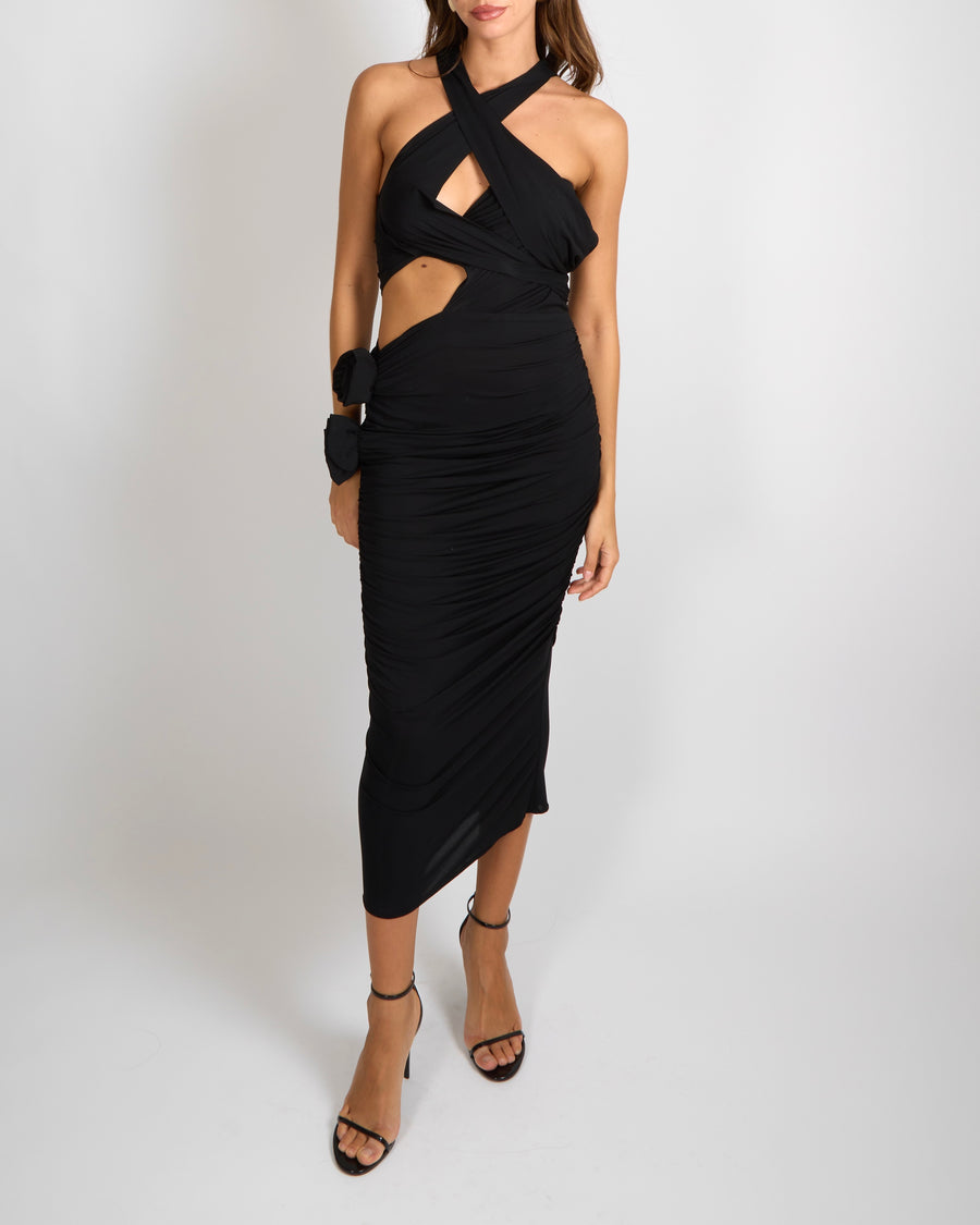 Magda Butrym Black Ruched Maxi Dress with Cut Outs and Rose Appliques –  Sellier