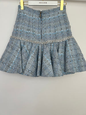 Balmain Sky Blue Tweed Mini Skirt with Ruffles Silver Buttons Detail Size FR 38 (UK 10)