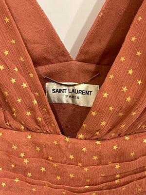 Saint Laurent Pink Silk Pleated Mini Dress with Gold Start Prints FR 40 (UK 12)
