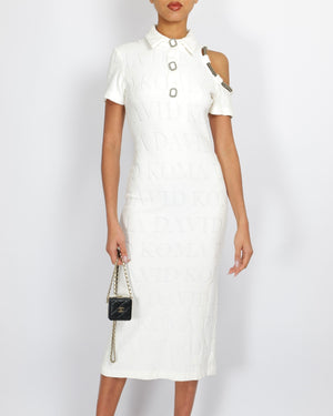 David Koma White Logo Midi Dress with Mismatched Sleeves with Crystal Embellishments and Silver Chain Buttons Size UK 8 RRP £1,020