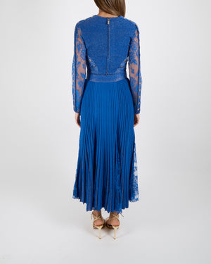Elie Saab Blue Metallic Bodysuit and Skirt Set with Lace Details and Gold Buttons Size FR 40 (UK 12)