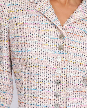 Chanel Vintage 96P Pink and Multi-Colour Tweed Long Jacket with Silver CC Logo Buttons Size FR 44 (UK 16)