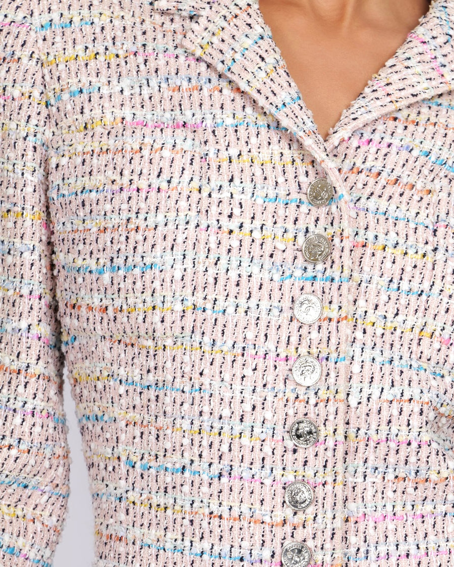 Chanel Vintage 96P Pink and Multi-Colour Tweed Long Jacket with Silver CC Logo Buttons Size FR 44 (UK 16)