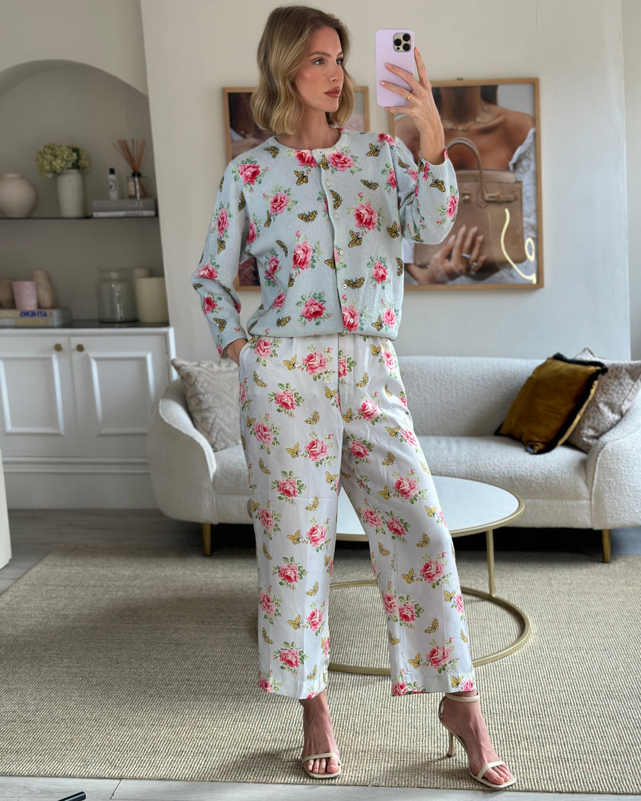 Prada Baby Blue Silk Floral High-Rise Pants Size IT 44 (UK 12) RRP £1,195