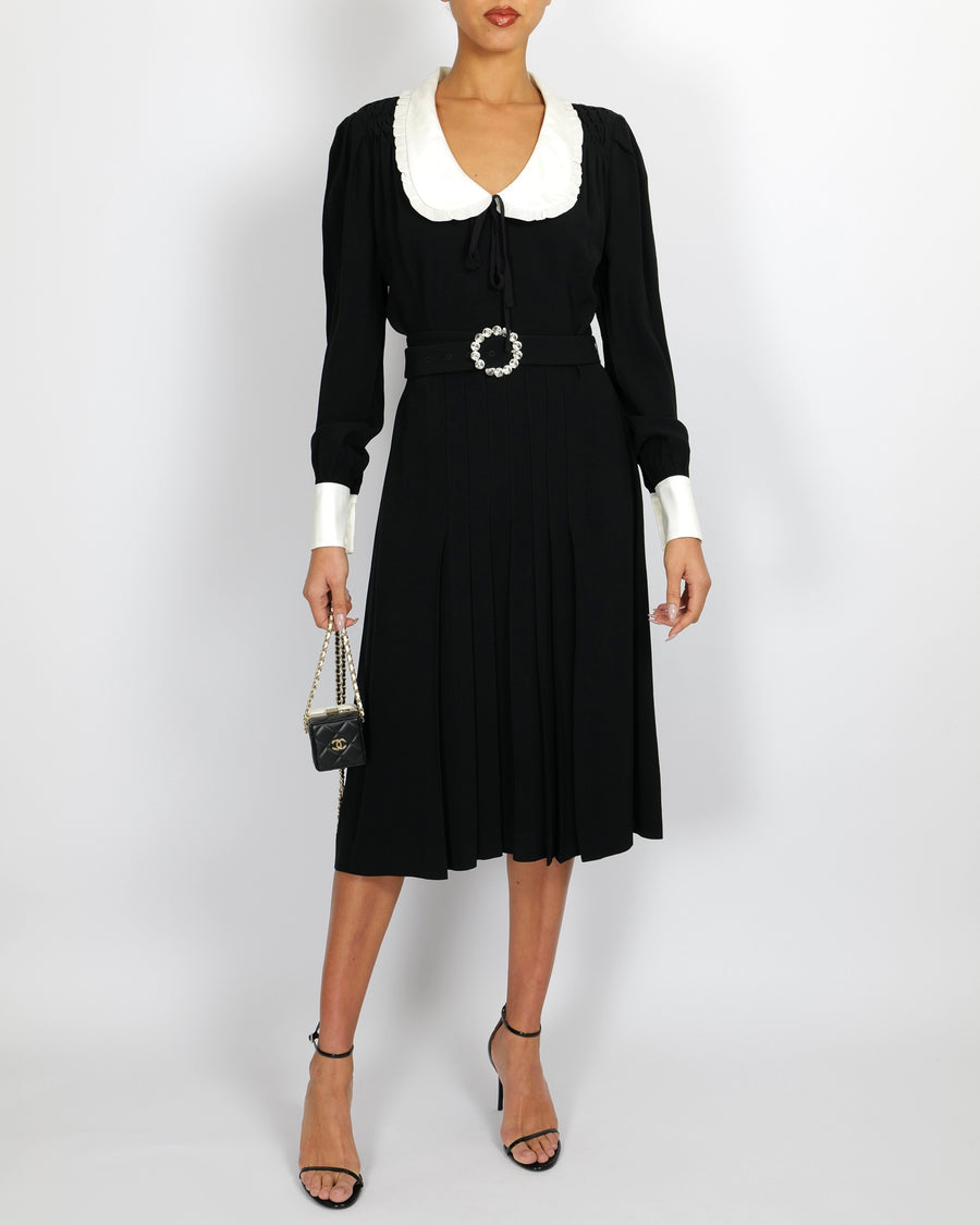Alessandra Rich Black Midi Dress with White Collar and Cuff Details and Crystal Belt Buckle Size IT 44 (UK 12)
