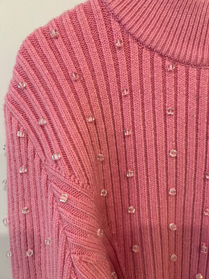 David Koma Pink Ribbed Knit Jumper with Transparent Bead Details Size L (UK 12) RRP £552