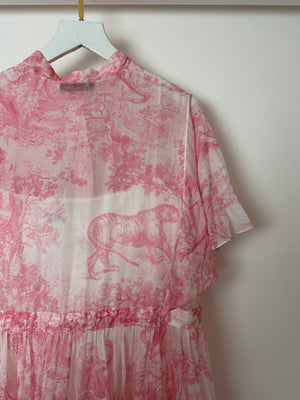 Christian Dior Light Pink, White Toile de Jouy Sauvage Cotton Printed Midi Dress Size FR 38 (UK 10)