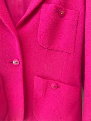 Chanel Hot Pink Spring 1995 Barbie Collection Tweed Jacket with Gold CC Logo Buttons Size FR 38/40( UK 10/12)