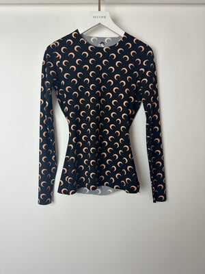 Marine Serre Black and Beige Moon Print Jersey Long Sleeve Top Size S (UK 8)