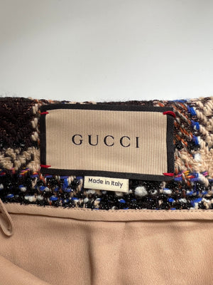 Gucci Brown Wool Houndstooth Mini Skirt with Metallic Thread Detail Size IT 38 (UK 6)