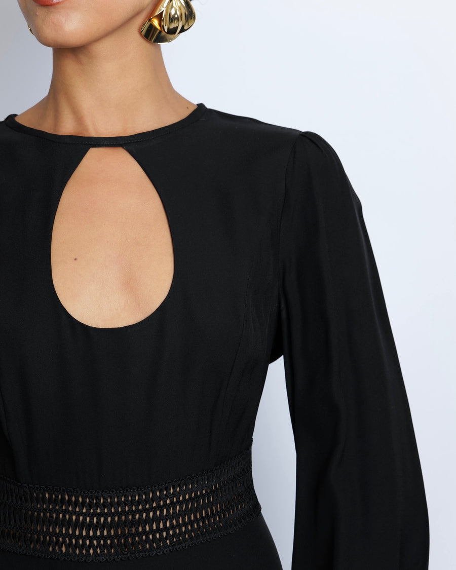 Zimmermann Black Long-Sleeved Maxi Dress with Front Cut-Out and Net Waistband Detail Size 2 (UK 12)