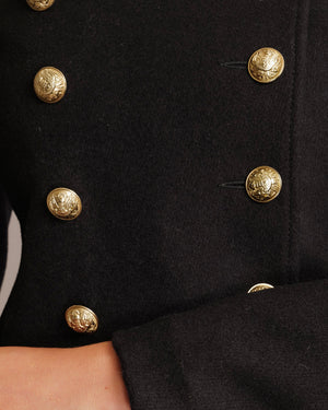 Balmain Black Wool Double Breasted Coat with Gold Buttons Size FR 38 (UK 10)