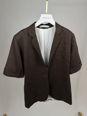 Christopher Esber Chocolate Brown Linen Short-Sleeve Blazer with Pocket Detail Size UK 10