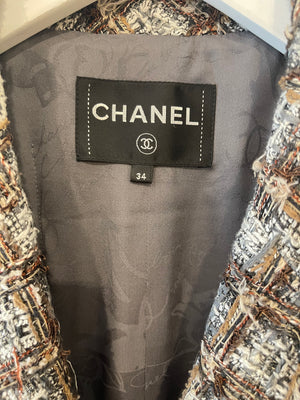 Chanel Grey and Brown Tweed Jacket with Gold CC Logo Button Details FR 34 (UK 6)