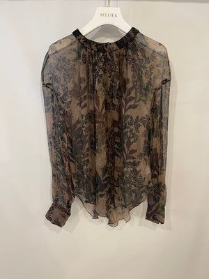 Brunello Cucinelli Brown Floral Printed Long-Sleeve Blouse Size M (UK 10)