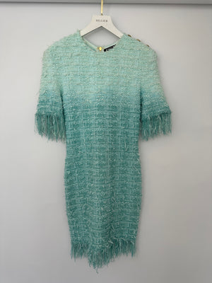 Balmain Light Blue Short Sleeve Tweed Short Dress with Fringes & Gold Buttons Detail Size FR 38 (UK 10)