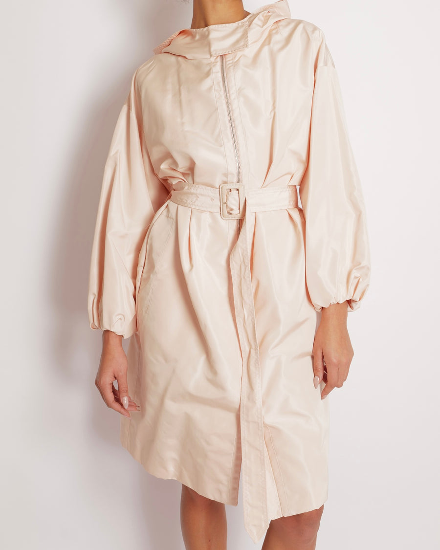 Christian Dior Blush Pink Belted Raincoat with Hood and Silver Zipper Detail Size FR 38 (UK 10)