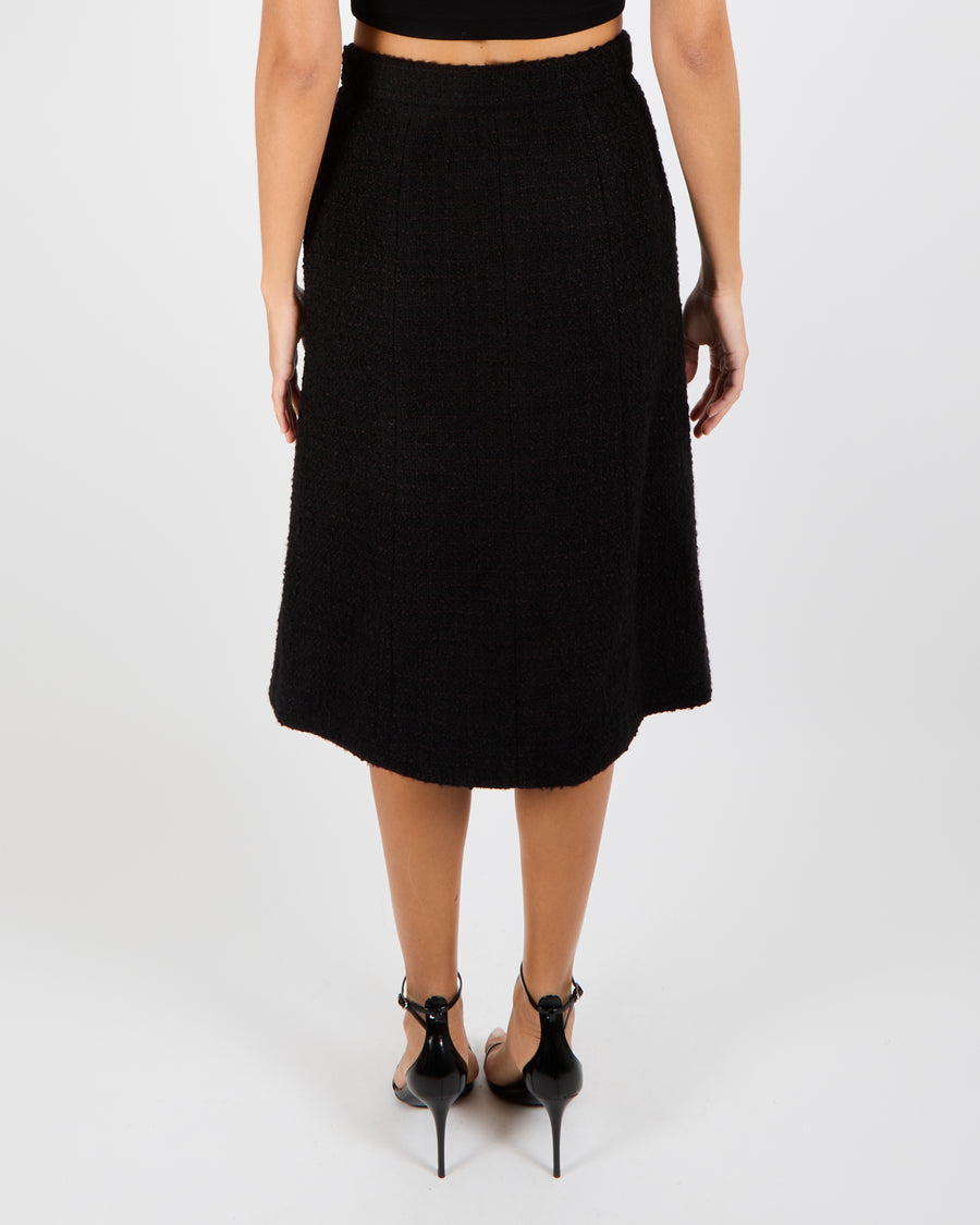 Chanel 20K Black Tweed Midi Skirt with Polished Gold CC Logo Buttons and Scalloped Trim Detail Size FR 36 (UK 8)