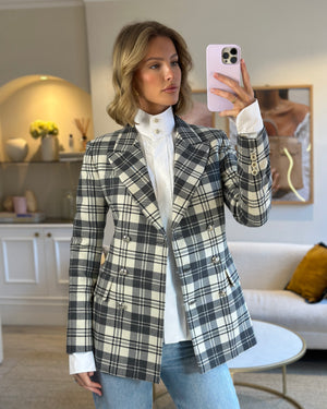 Ermanno Scervino Grey and White Wool Checkered Blazer Jacket with Silver Button Detail IT 40 (UK 8)