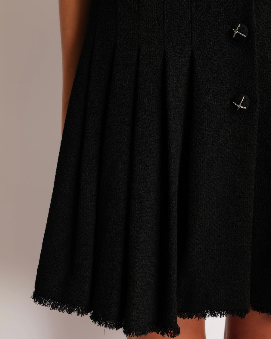 Chanel Black Wool Belted Short-Sleeved Mini Dress with Black and Silver CC Logo Buttons and Frayed Trims Detail Size FR 34 (UK 6)