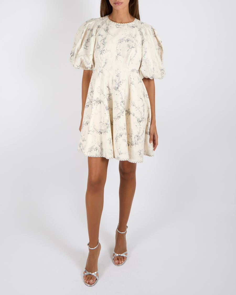 Zimmermann Cream Linen Mini Dress with Puff Sleeves and Grey Floral Print Size 1 (UK 10)