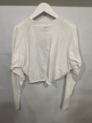 Miu Miu White Long-Sleeved Cropped Top with Front Knot Detail and Black Miu Miu Club Logo Print Size IT 42 (UK 10)