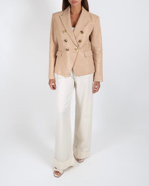 Balmain Beige Lambskin Leather Blazer Jacket with Polished Gold Logo Buttons Size FR 40 (UK 12)