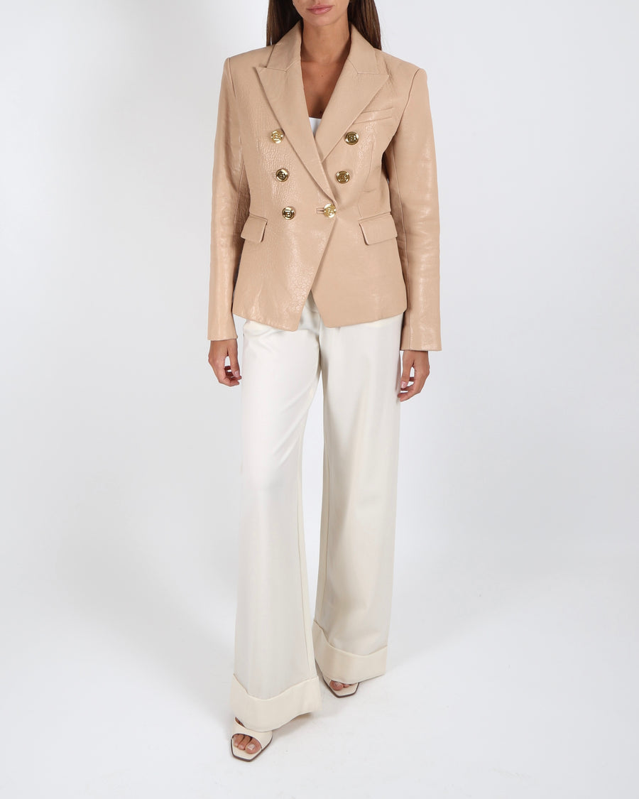 Balmain Beige Lambskin Leather Blazer Jacket with Polished Gold Logo Buttons Size FR 40 (UK 12)