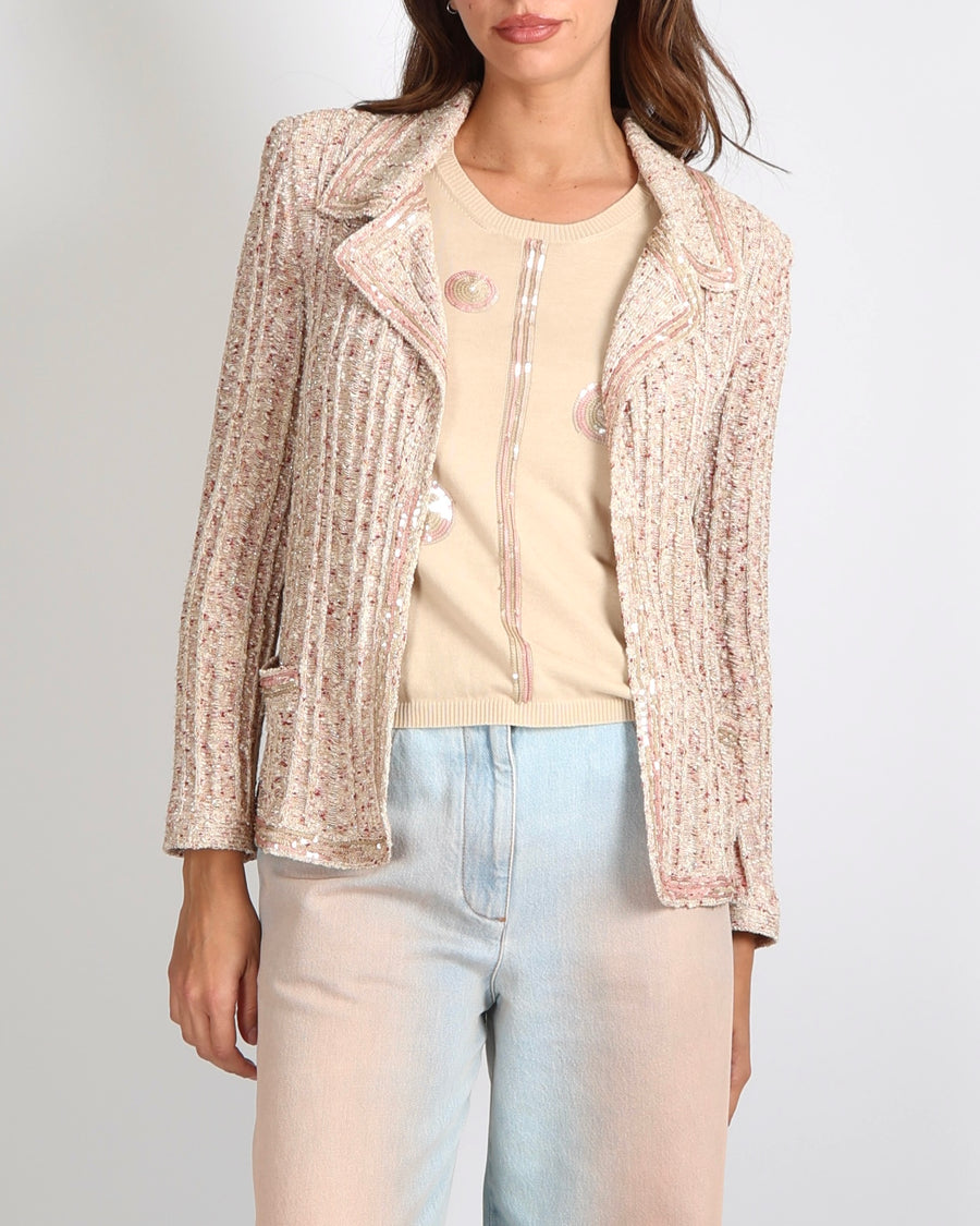 Chanel Spring 2006 Beige, Gold and Pink Knit Cardigan with Sequin Embellishments and Crystal CC Logo Button Size FR 40 (UK 12)