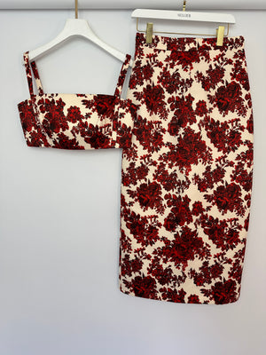 Emilia Wickstead Cream and Red Floral Crop Top and Midi Skirt Set Size UK 12