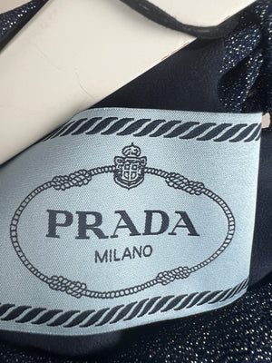 Prada Navy, Silver Glitter High-Neck Ruched Midi Dress with Tie Detail Size IT 42 (UK 10)