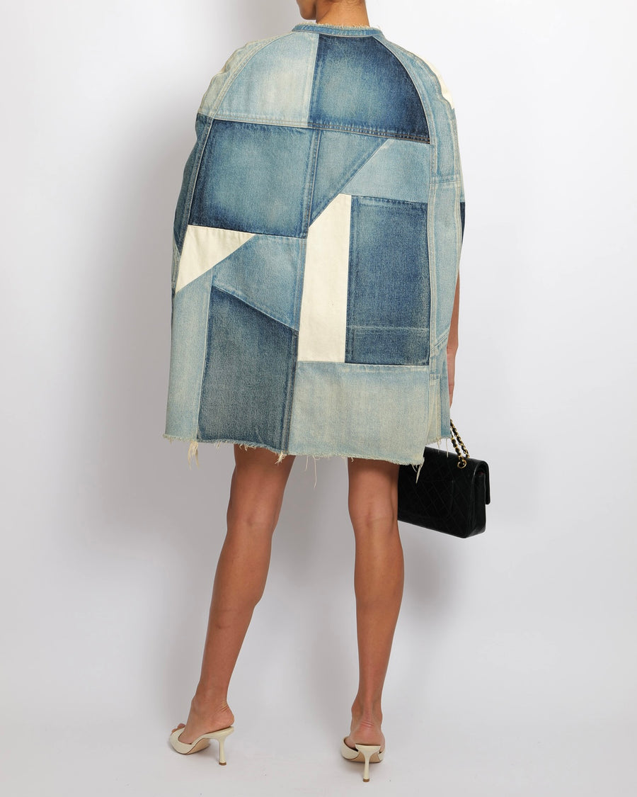 Saint Laurent Blue Denim Patchwork Sleeveless Jacket with Frayed Hem Detail Size XS (UK 6)