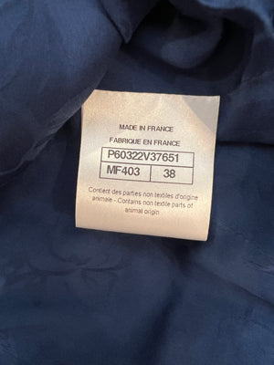 Chanel Cruise 2019 Blue Tweed Cropped Jacket and Trousers Set with CC Logo Buttons and Black Leather Trims Size FR 36/38 (UK 8/10)