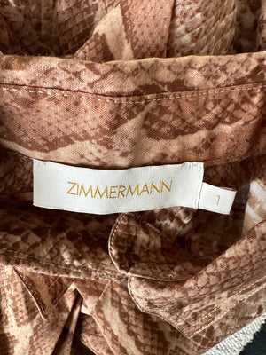 Zimmermann Tan Natura Linen Snake Print Shirt and A-Line Midi Belted Skirt with Pocket Detail Size 1 (UK 10)