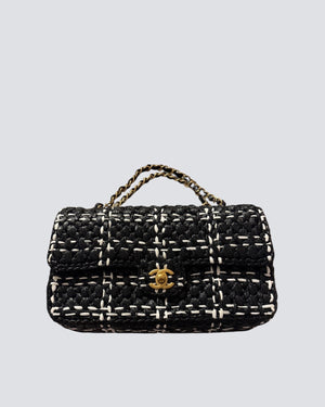 Chanel Black And White Raffia Tweed Design Classic Flap With Aged Gold Hardware