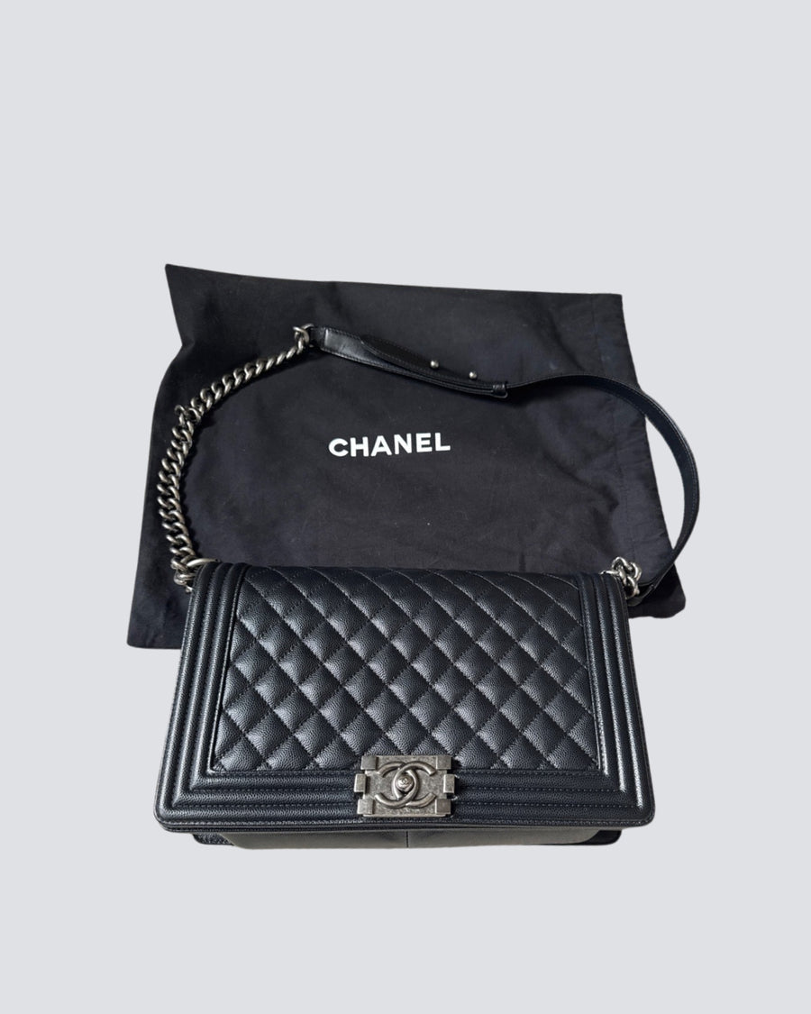Chanel Black Caviar Leather Boy Bag With Ruthenium Hardware