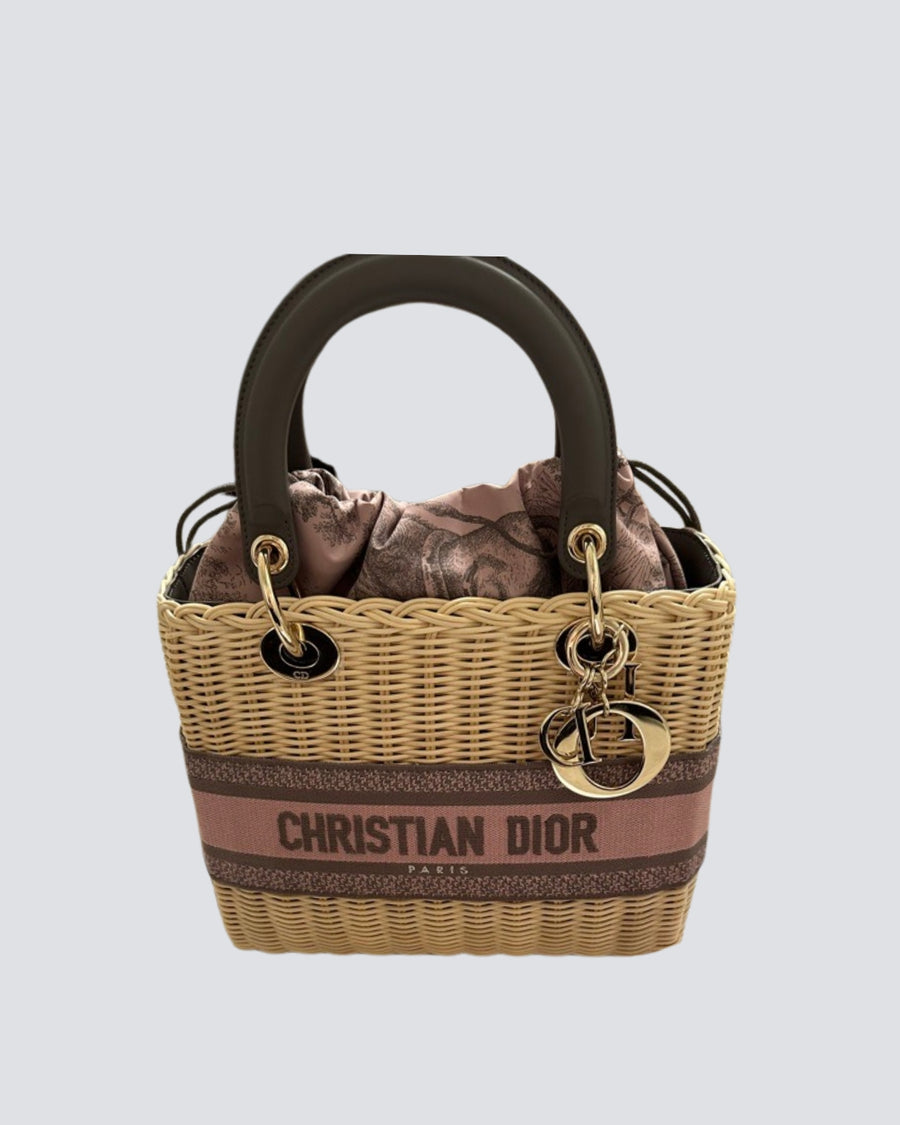 Christian Dior Pink and Grey Lady Dior Whicker Bag With Rose Gold Hardware