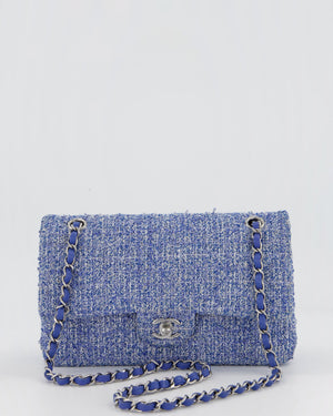Chanel Medium Classic Double Flap Bag in Blue and White Tweed with Silver Hardware