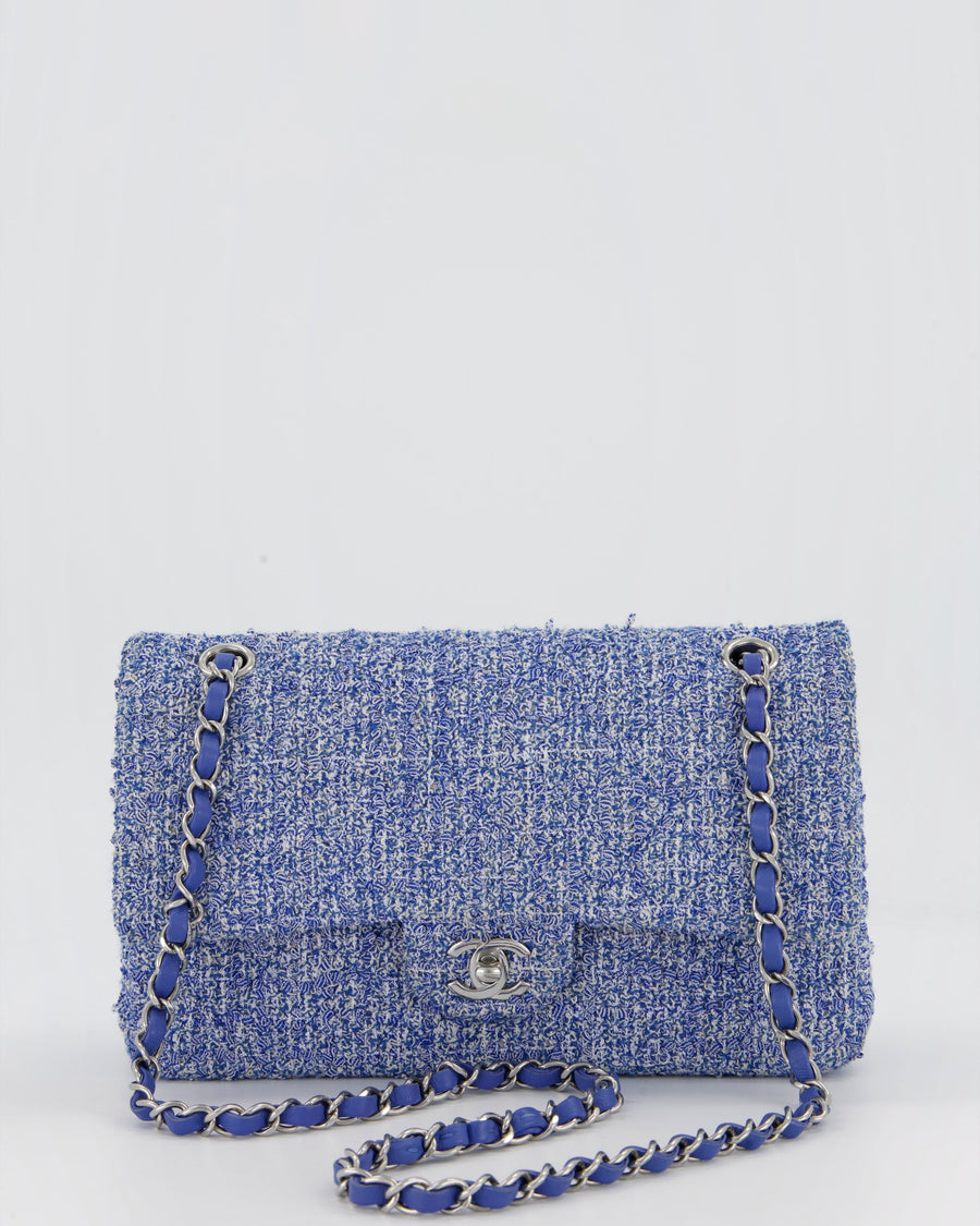 Chanel Medium Classic Double Flap Bag in Blue and White Tweed with Silver Hardware