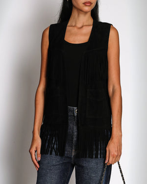 Saint Laurent Black Suede Sleeveless Vest with Fridge Tassel Detail Size FR 38 (UK 10)