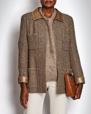 Chanel 96/A Brown Tweed Long Line Jacket with Gold Collar and Cuff Detail Size FR 42 (UK 14)