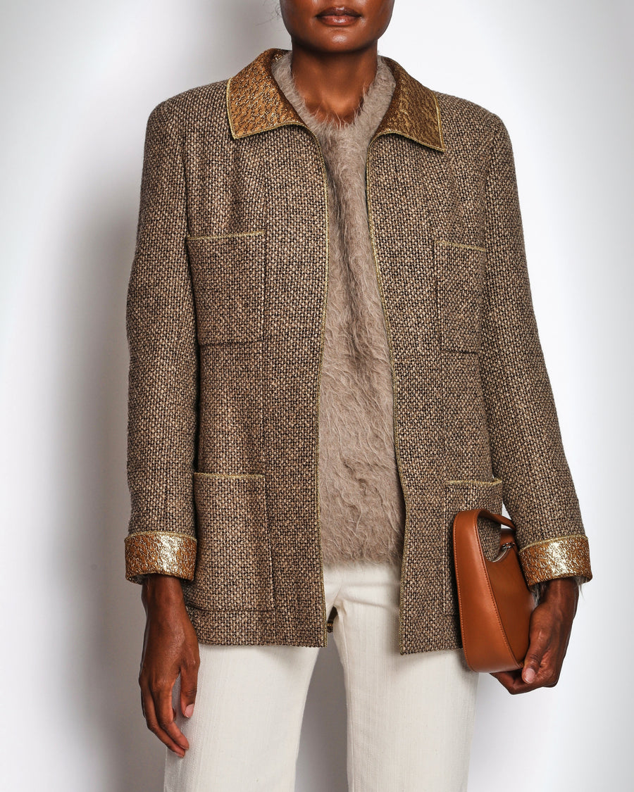 Chanel 96/A Brown Tweed Long Line Jacket with Gold Collar and Cuff Detail Size FR 42 (UK 14)