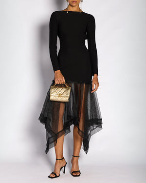 Alexander McQueen Black Backless Ribbed Long Sleeve Dress with Tulle Detail Size XS (UK 6)