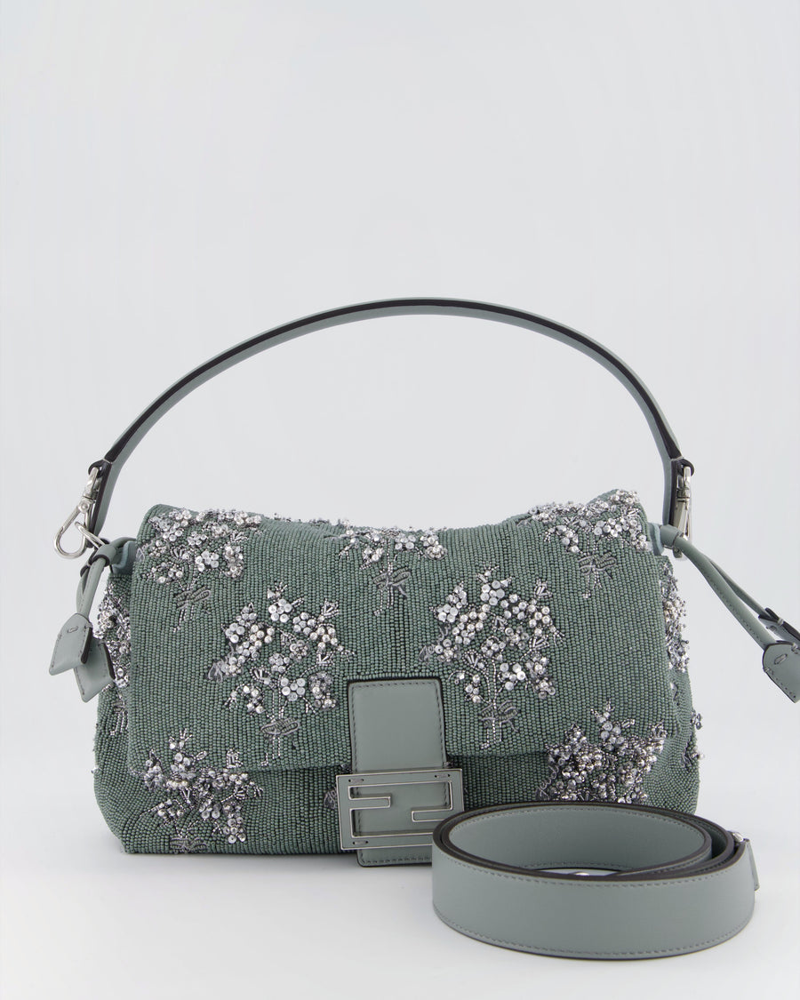 Fendi Grey Mama Beaded Baguette Floral Embellished Shoulder Bag with Silver Hardware
