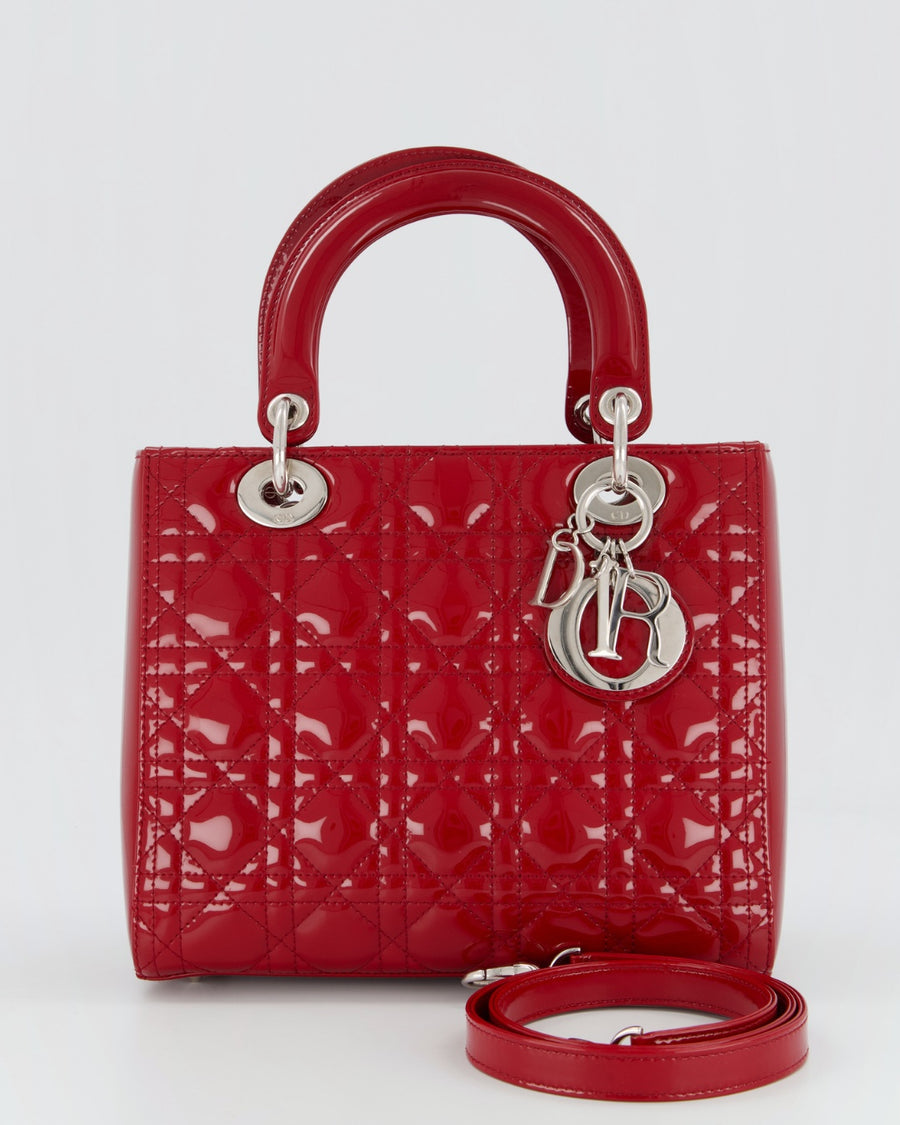 Christian Dior Red Medium Lady Dior Bag in Patent Leather with Silver Hardware