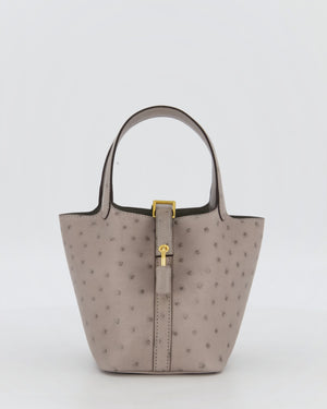 *HOT* Hermès Micro Picotin Lock Bag in Gris Mouette Ostrich Leather with Gold Hardware