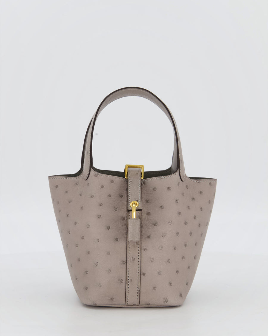 *HOT* Hermès Micro Picotin Lock Bag in Gris Mouette Ostrich Leather with Gold Hardware